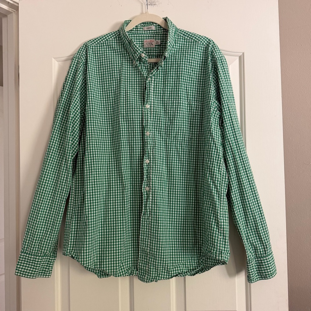 J.Crew Secret Wash Gingham Shirt Green White Button Down XL